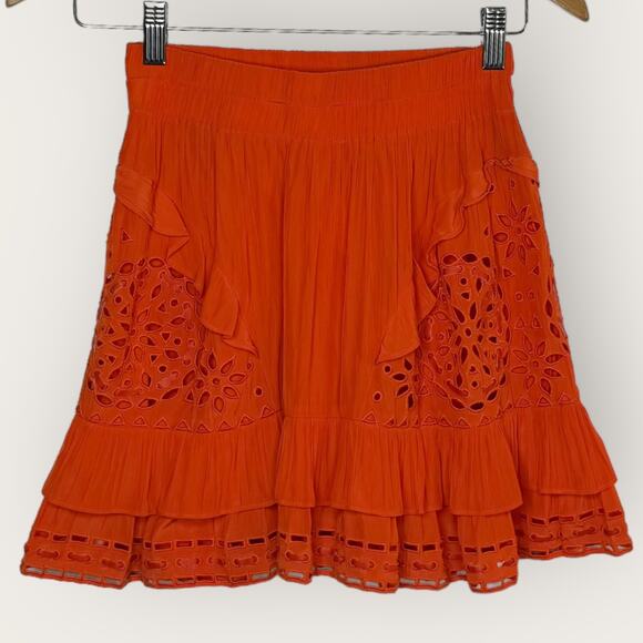 Ramy Brook Brit Eyelet Mini Skirt | XS Extra Small Orange Ruffled Tiered Flirty - Picture 2 of 7